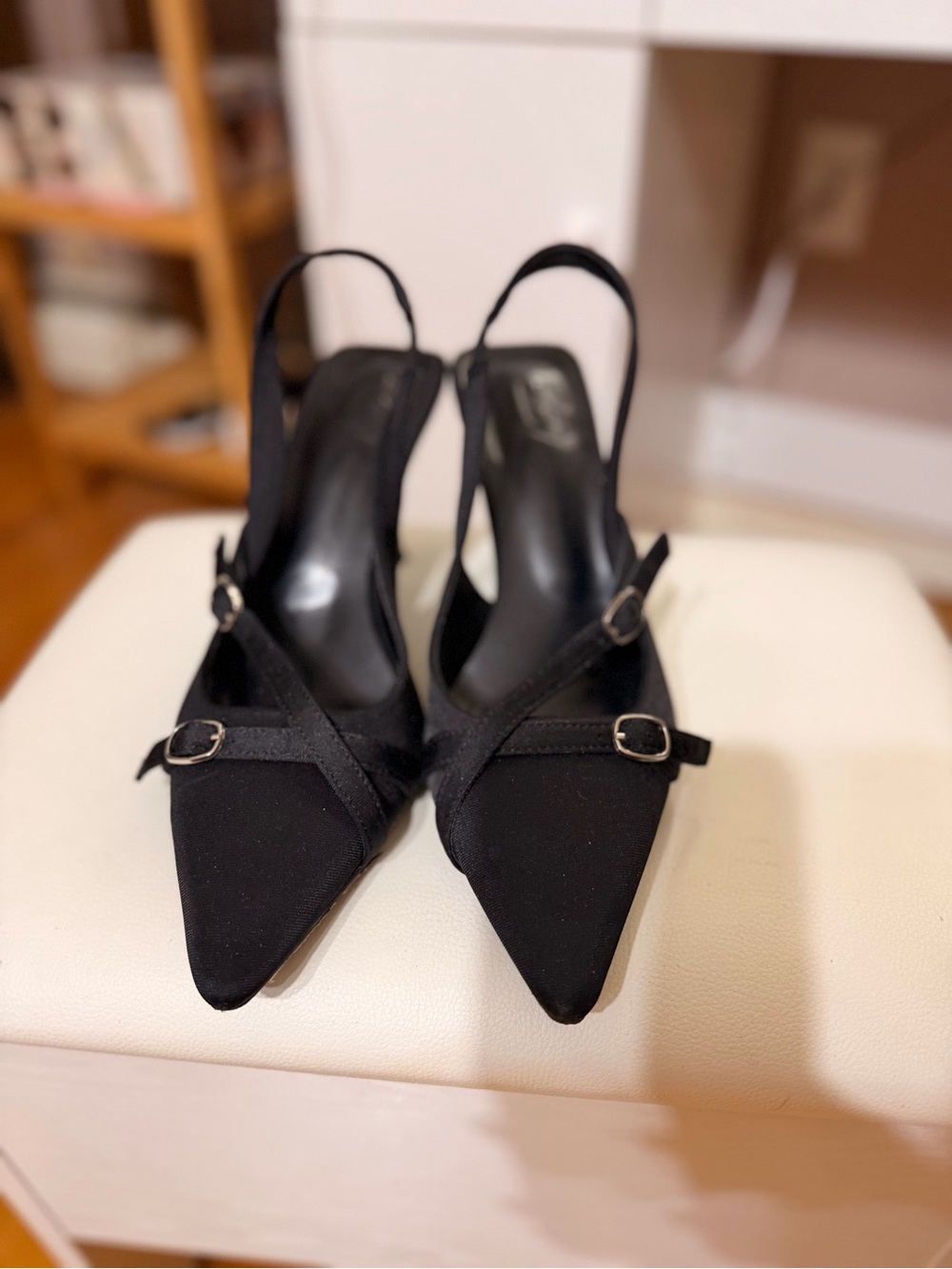 Black Pointed Slingback Heels with Buckle Straps - Women